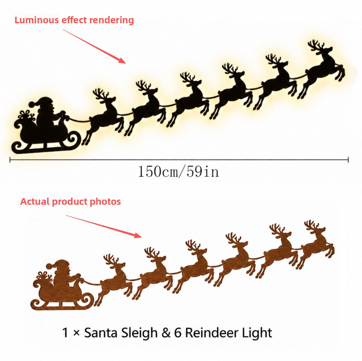 Self-Adhesive Wooden Santa & Reindeer Wall Decoration with Lights