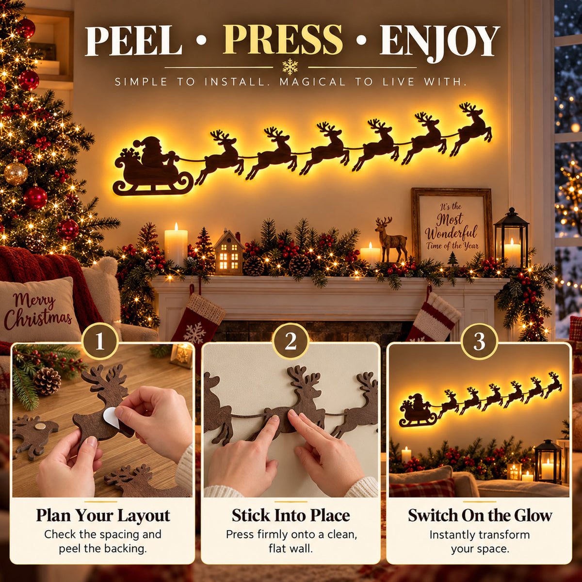 Self-Adhesive Wooden Santa & Reindeer Wall Decoration with Lights