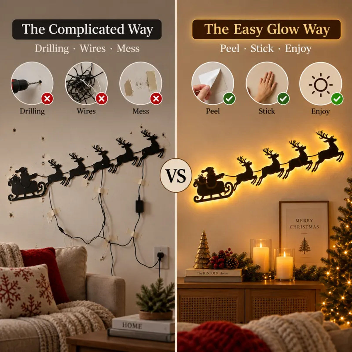 Self-Adhesive Wooden Santa & Reindeer Wall Decoration with Lights